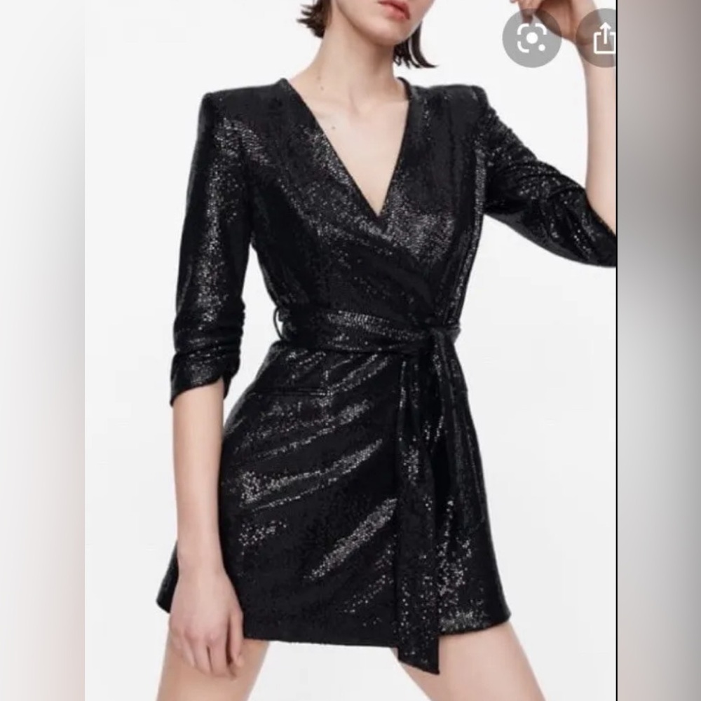Zara Sz M Black Sparkly Belted Party Mini Dress